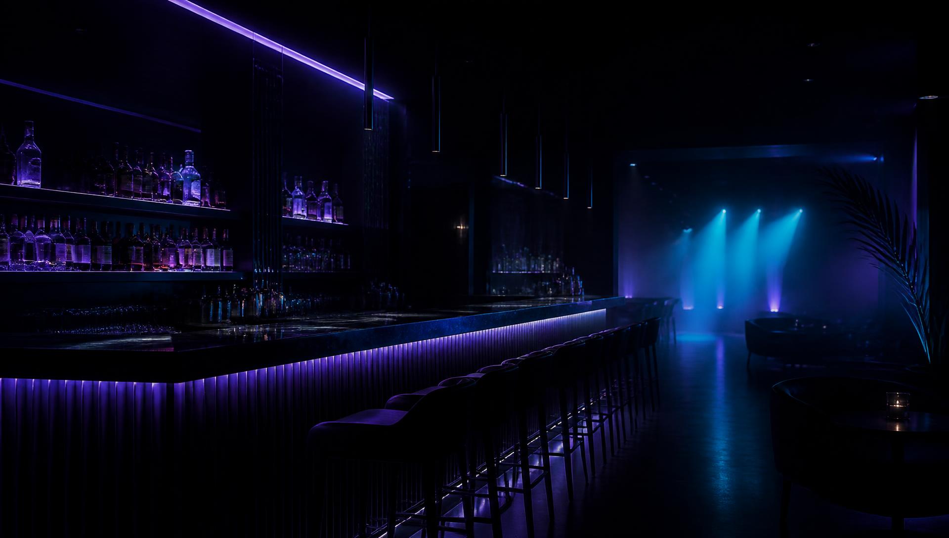 Bar de club éclairé par des néons violets et cyans